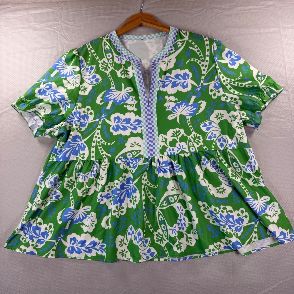Floral Short Sleeve Peplum Blouse Green Blue Split V-Neck Babydoll Top Women 4XL